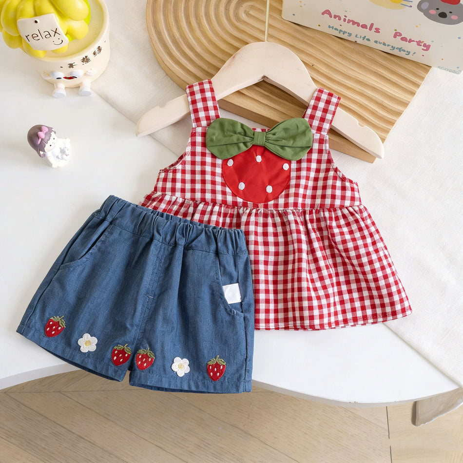 Girls Summer Strawberry Tank Top Denim Two-Piece Set