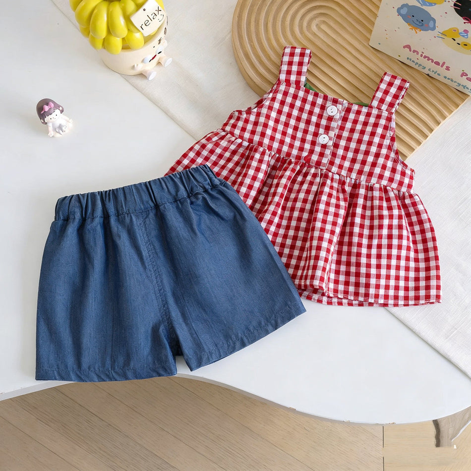 Girls Summer Strawberry Tank Top Denim Two-Piece Set