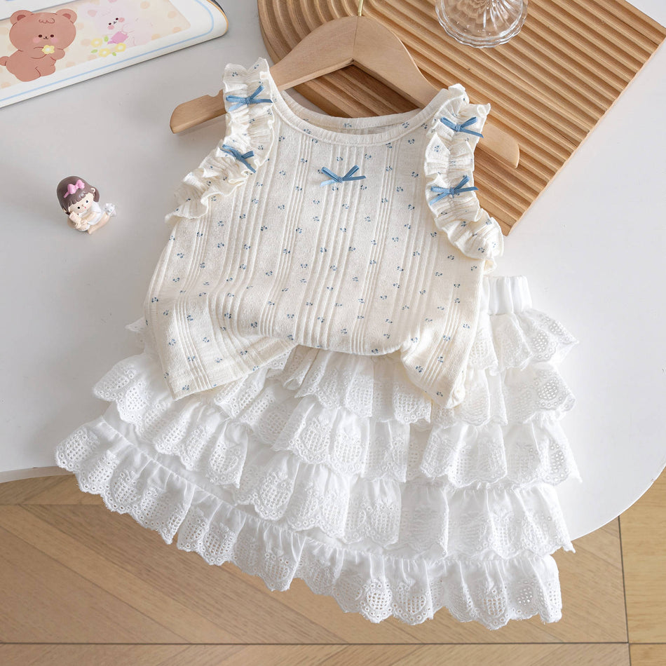 Girls Mori Style Floral Lace Vest Pleated Skirt Set Summer