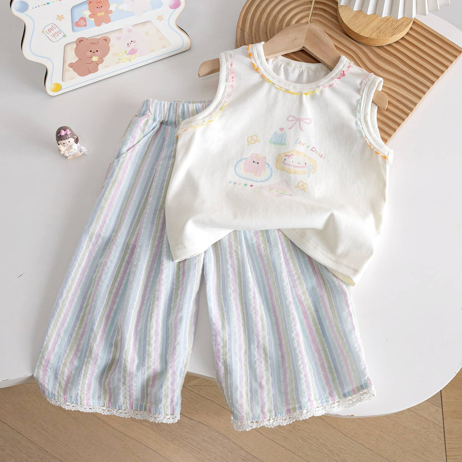 Girls Cartoon Embroidered Vest Striped Wide Leg Set