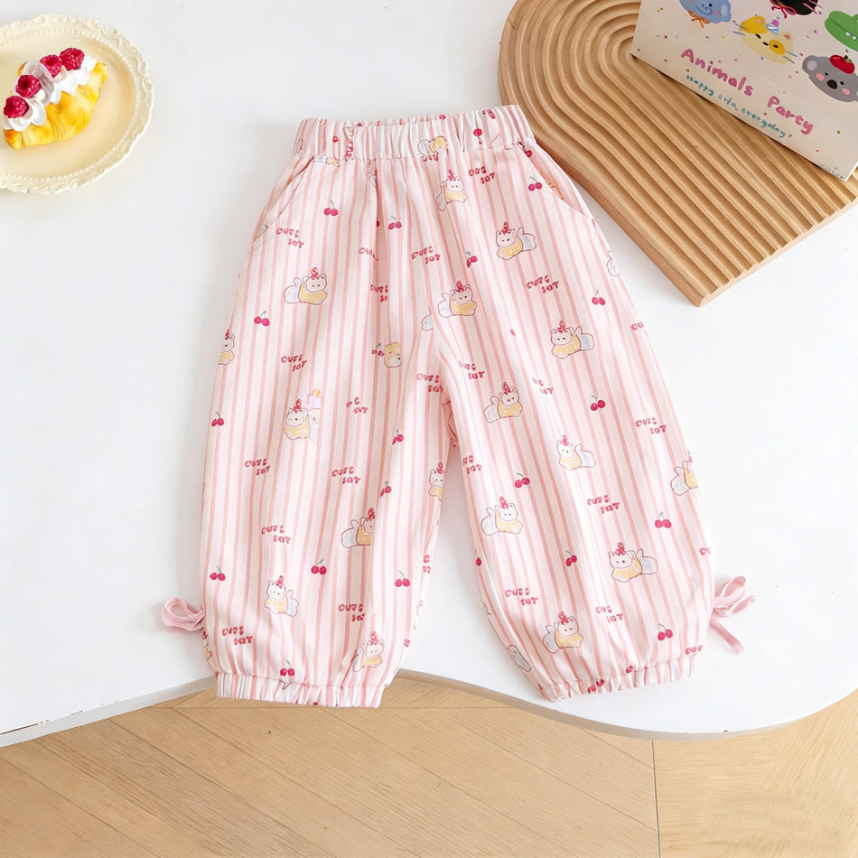 Cat Print T-Shirt Plaid Cherry Pants Summer Set Kids