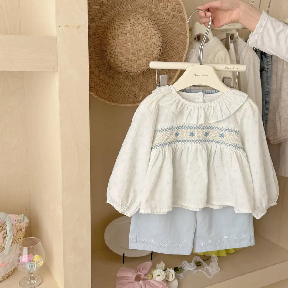 Girls Floral Ruched Embroidered Shirt Two-Piece Set