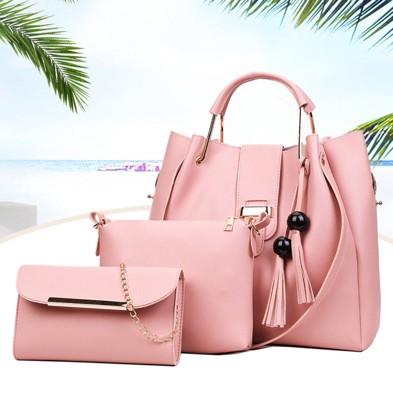 Fashion Solid Color Bead and Tassel Three-Piece Handbag Set