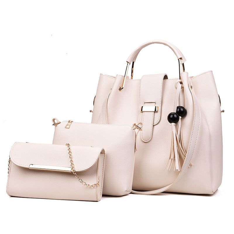 Fashion Solid Color Bead and Tassel Three-Piece Handbag Set