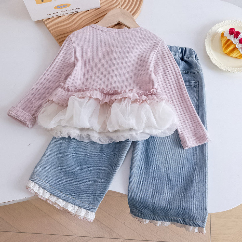 Girls Lace Knitted Cardigan Lace Jeans Two-Piece Set