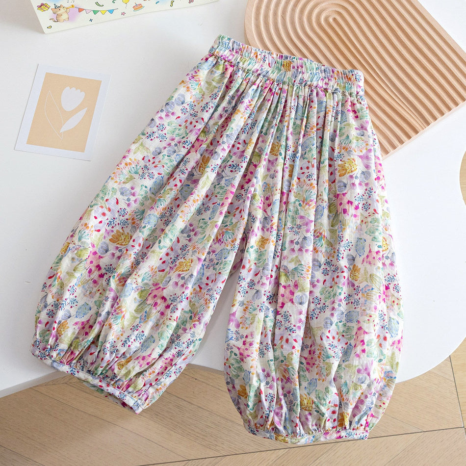 Girls Floral Lantern Cropped Pants Summer Anti-Mosquito
