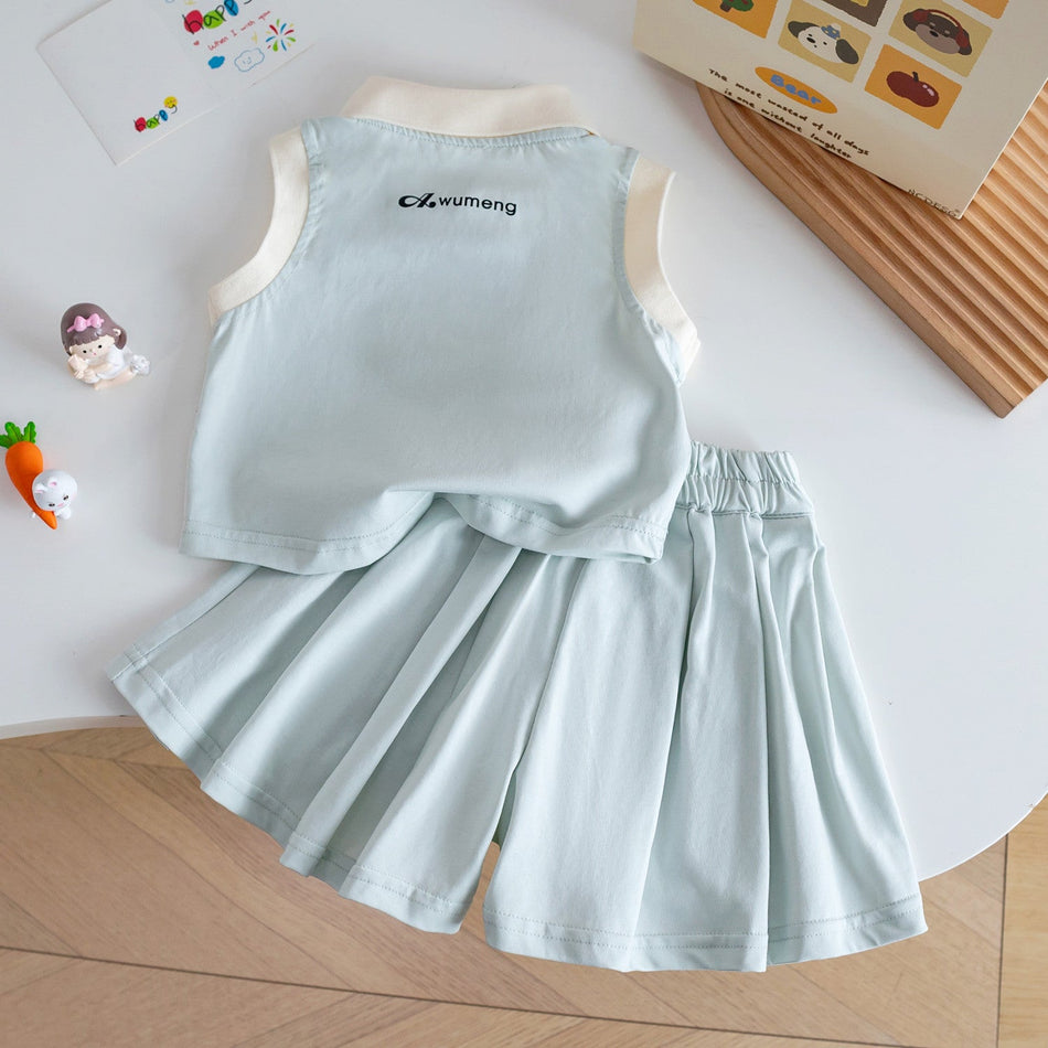 Girls Polo Collar Sleeveless Vest Pleated Shorts Set