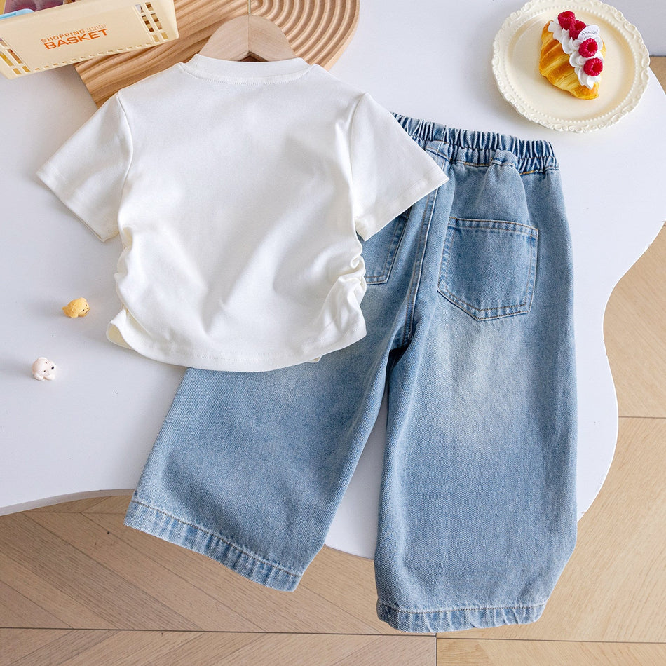 Girls Cartoon Print T-Shirt Jeans Summer Two-Piece Set
