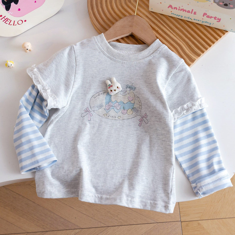 Girls Cartoon Rabbit Lace Long Sleeve Patchwork Top