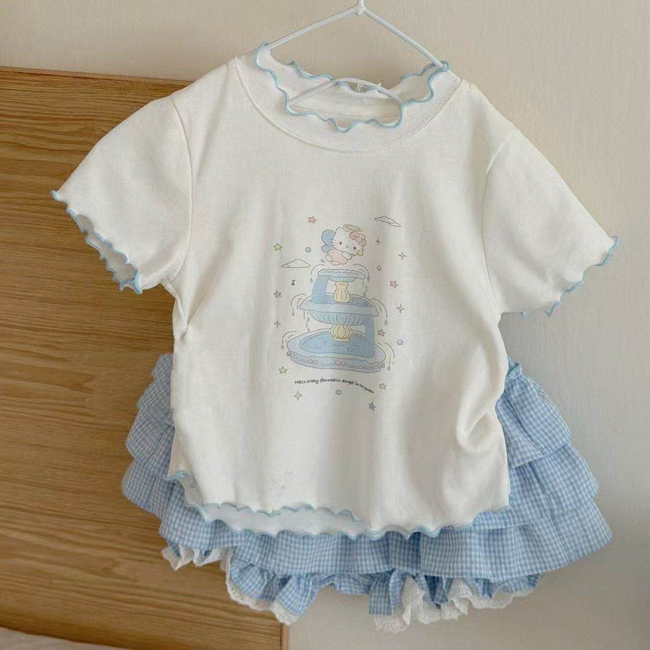 Girls Cotton T-Shirt Plaid Bloomers Summer Two-Piece Set