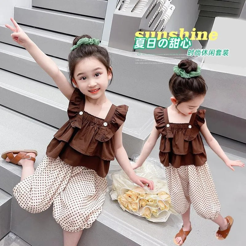 Baby Girl Brown Suspender Summer Two-Piece Outfit Set