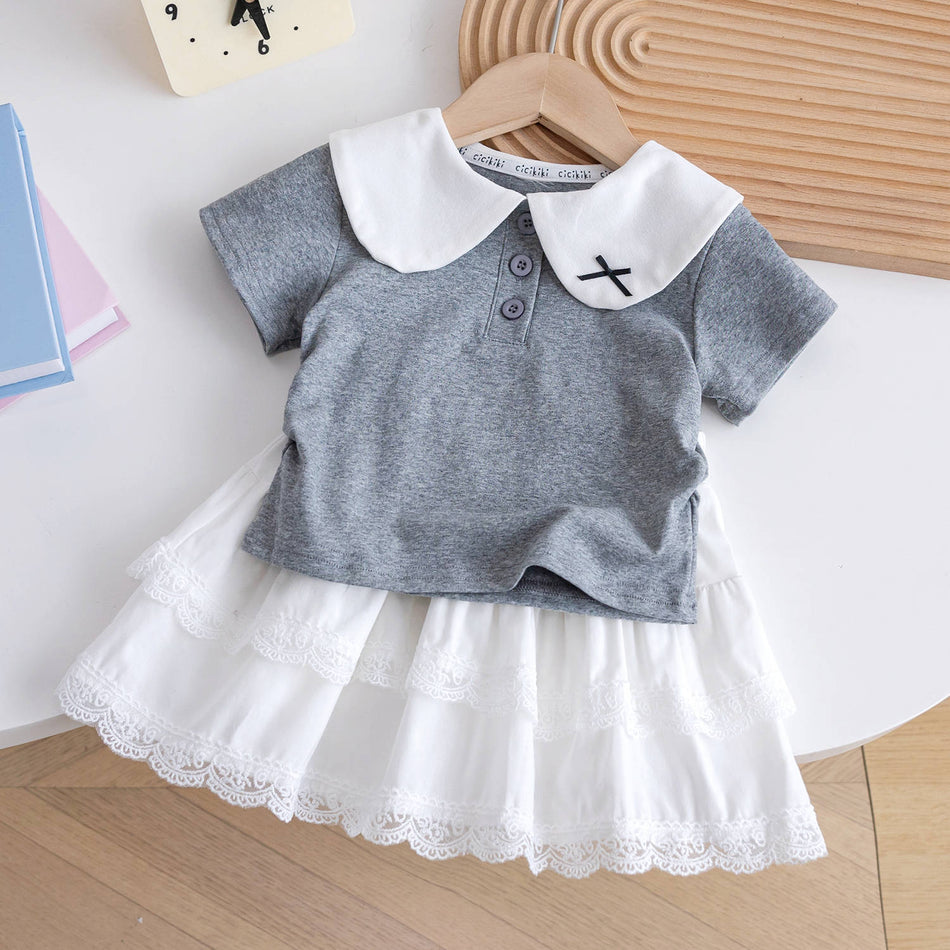 Girls Lace Skirt T-Shirt Set College Princess Summer Outfit