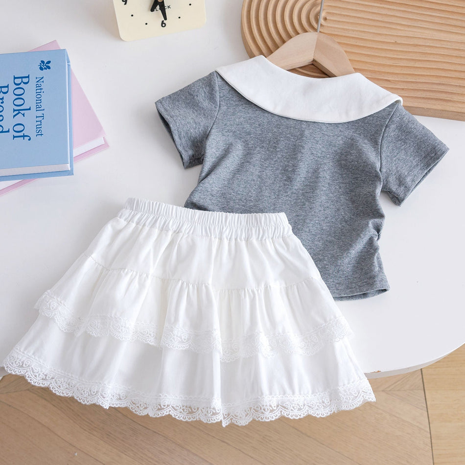 Girls Lace Skirt T-Shirt Set College Princess Summer Outfit