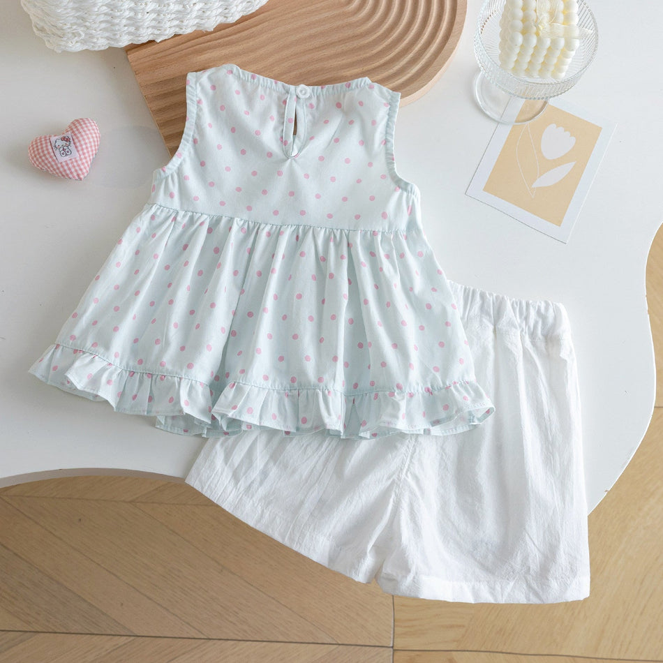 Girls Polka Dot Lace Sleeveless Cartoon Summer Set