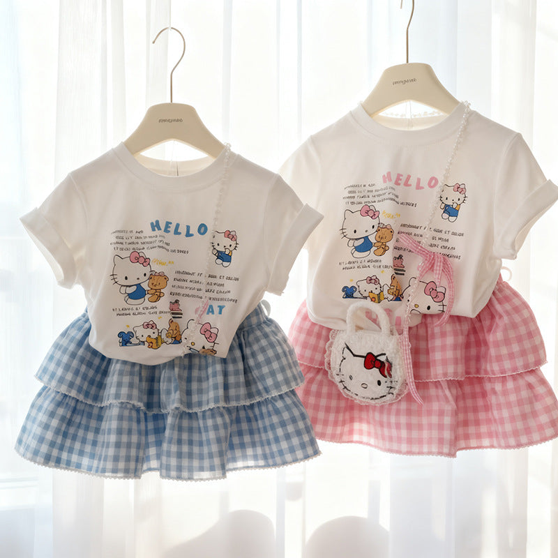 Girls Cotton T-Shirt Skirt Set Summer Two-Piece Outfit