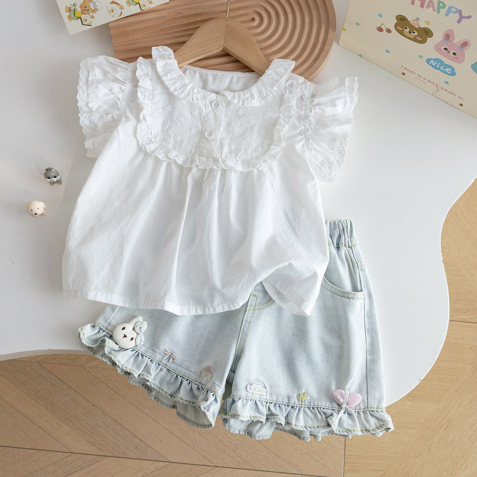 STOCK-Girls Lace Doll Shirt Denim Shorts Summer Two-Piece Set