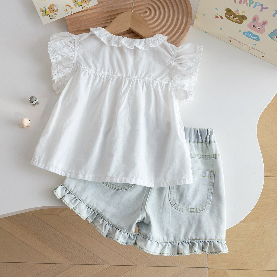 STOCK-Girls Lace Doll Shirt Denim Shorts Summer Two-Piece Set
