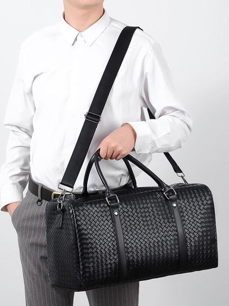 Black PU Leather Woven Travel Bag Large Capacity Crossbody Shoulder Bag