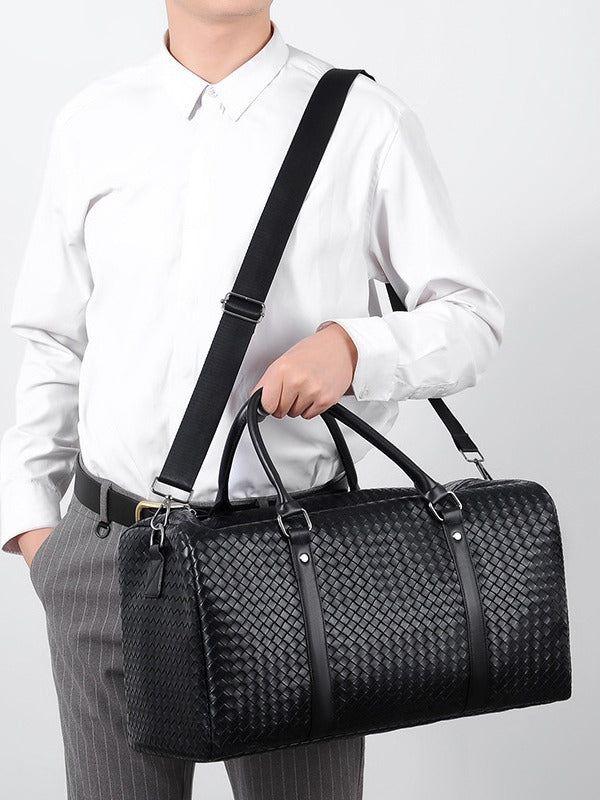 Black PU Leather Woven Travel Bag Large Capacity Crossbody Shoulder Bag