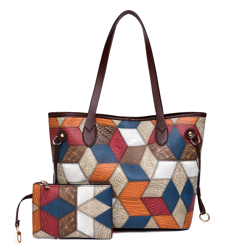 Street Fashion Washed Leather Splicing Large-Capacity Bag Set