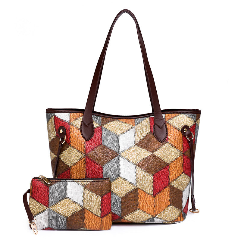 Street Fashion Washed Leather Splicing Large-Capacity Bag Set