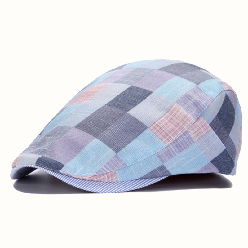 Unisex blue Plaid Beret Duckbill Hat Adjustable Cotton Casual Cap