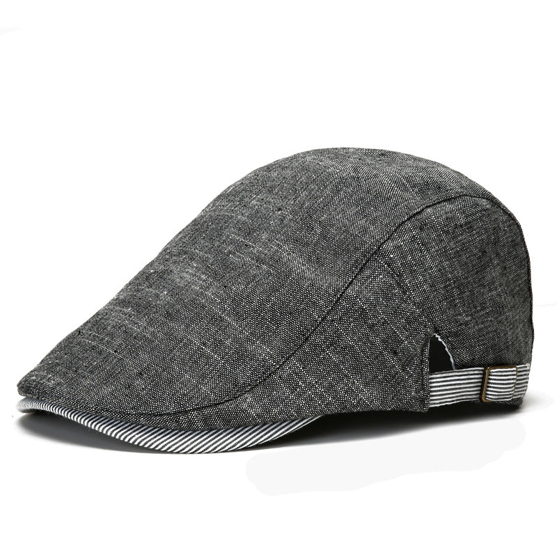 Men's navy Cotton Linen Beret Hat Adjustable British Style Peaked Cap