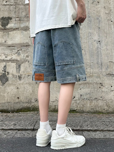 Men's blue Retro Loose Denim Shorts Wide Leg Casual Summer Pants