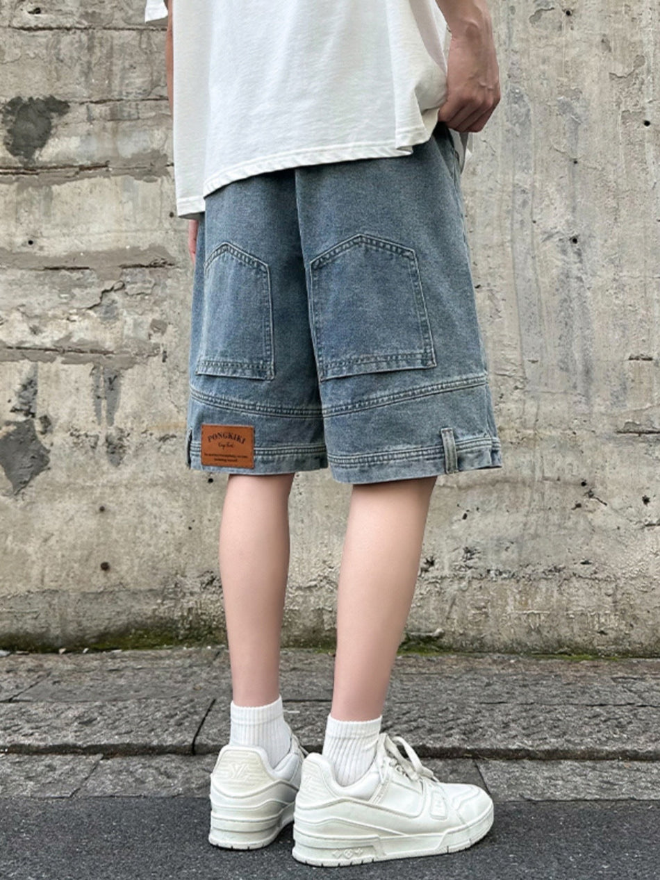 Men's blue Retro Loose Denim Shorts Wide Leg Casual Summer Pants