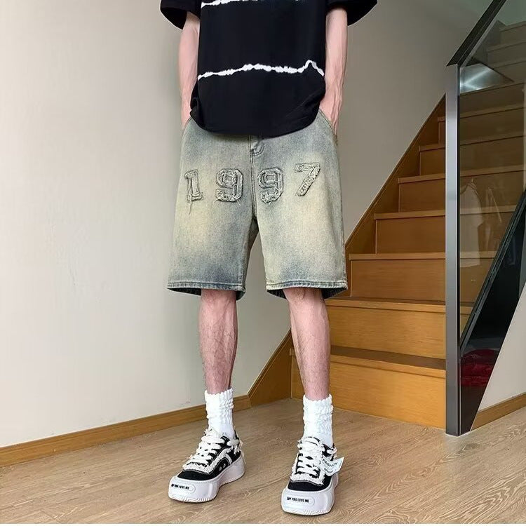 Men's Vintage Washed Denim Cargo Shorts Oversized Knee-Length