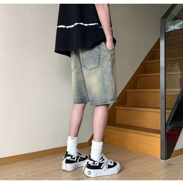 Men's Vintage Washed Denim Cargo Shorts Oversized Knee-Length
