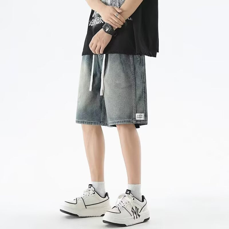 Men's light blue Denim Cropped Pants Japanese Cityboy Style Wide Leg Shorts
