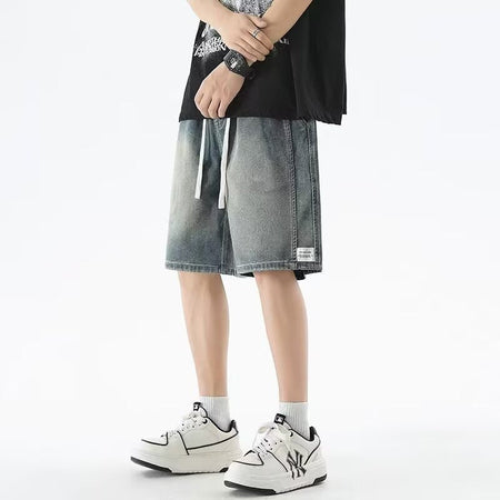 Men's light blue Denim Cropped Pants Japanese Cityboy Style Wide Leg Shorts