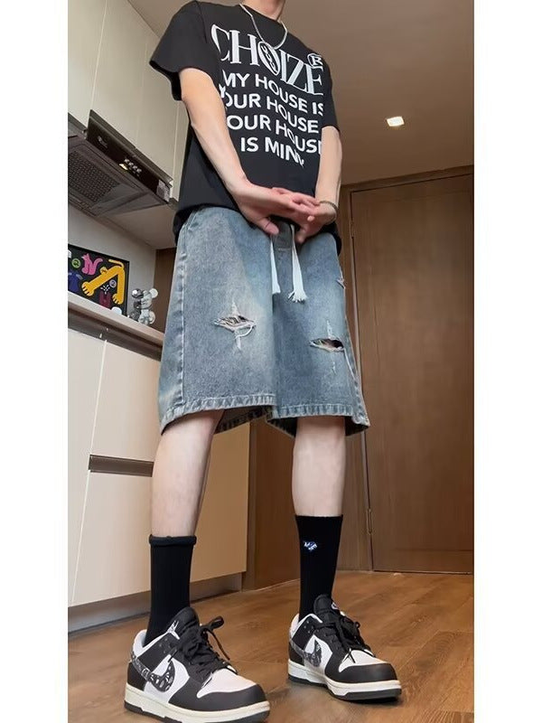 Men's Retro Star Denim Shorts Loose Fit Summer Streetwear Pants
