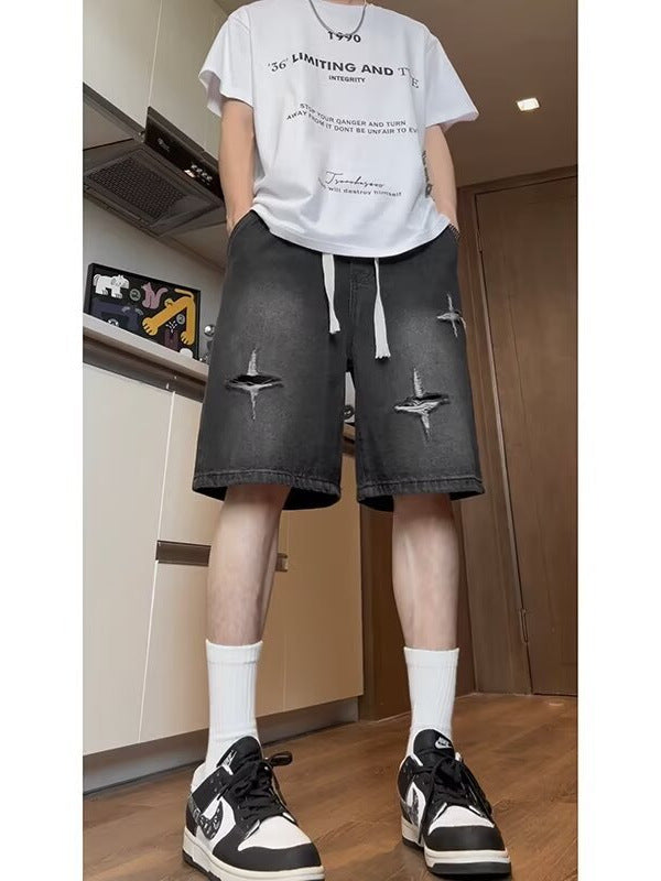 Men's Retro Star Denim Shorts Loose Fit Summer Streetwear Pants