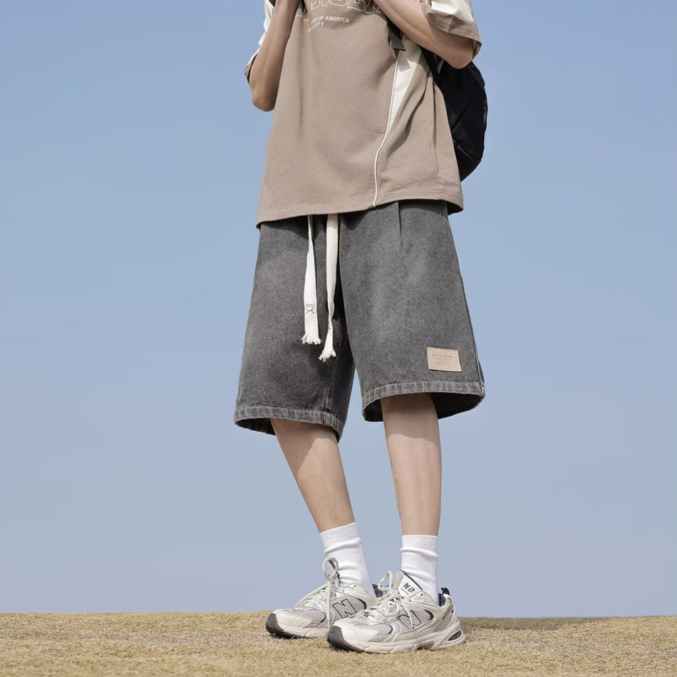 Men's Korean Style Denim Shorts Straight Fit Drawstring Summer
