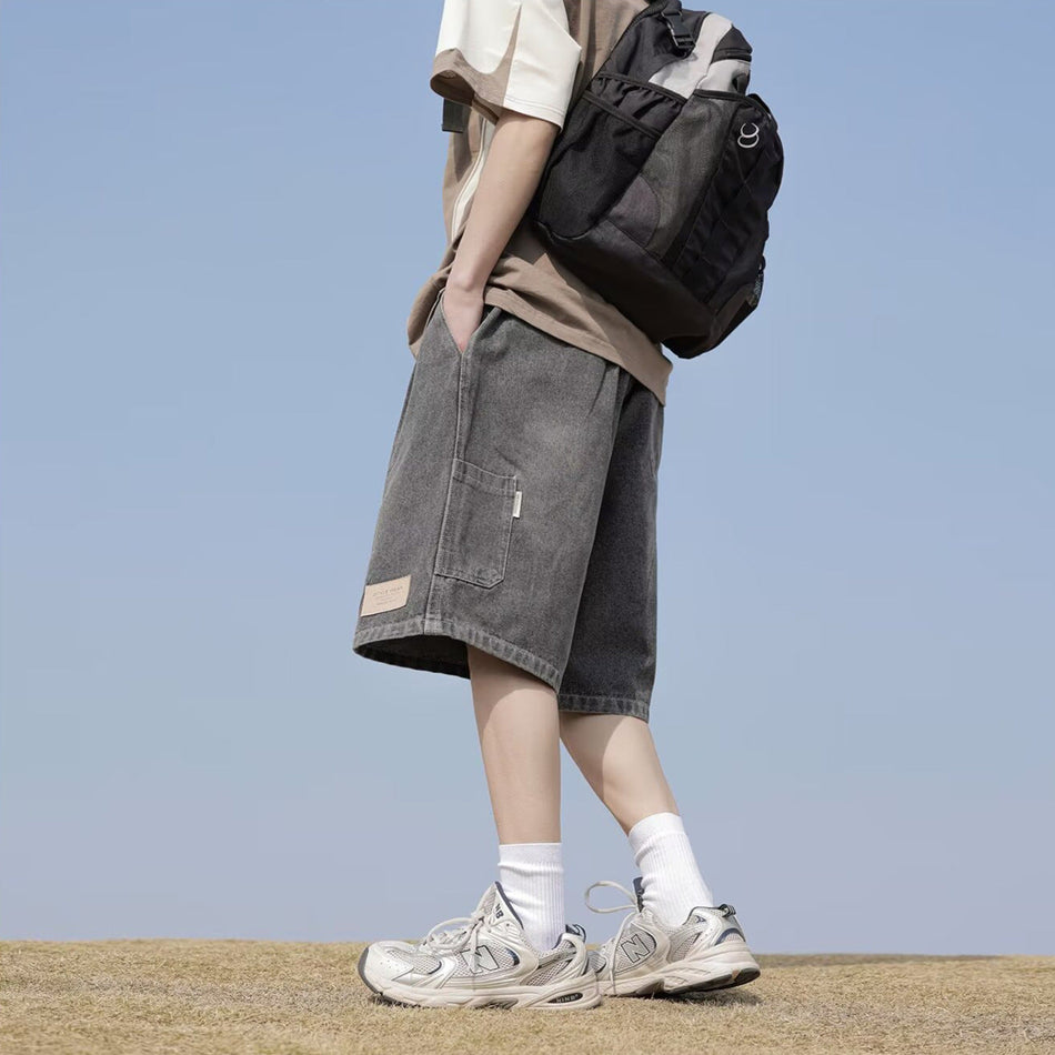 Men's Korean Style Denim Shorts Straight Fit Drawstring Summer