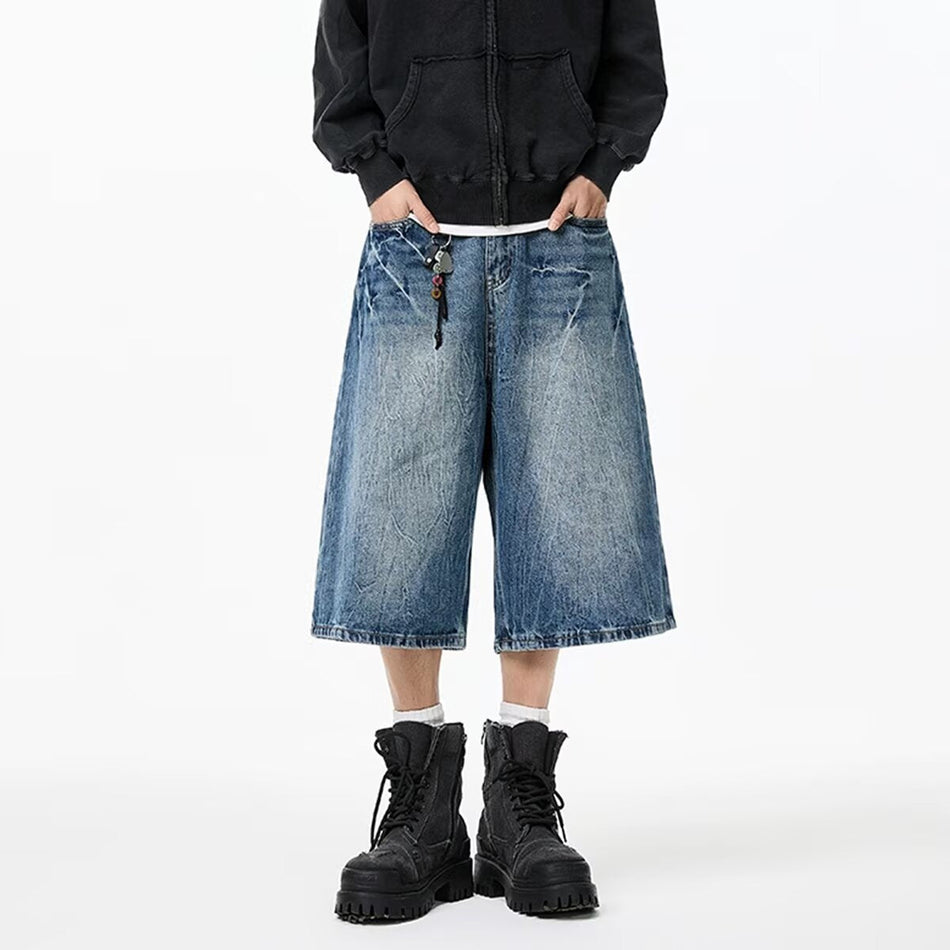 Men's Lightning Print Denim Capri Shorts Loose Wide Leg Jeans
