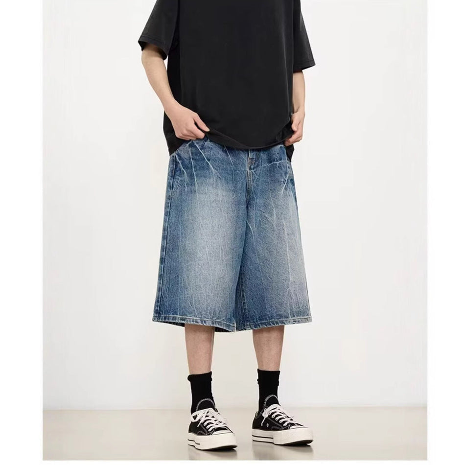 Men's Lightning Print Denim Capri Shorts Loose Wide Leg Jeans