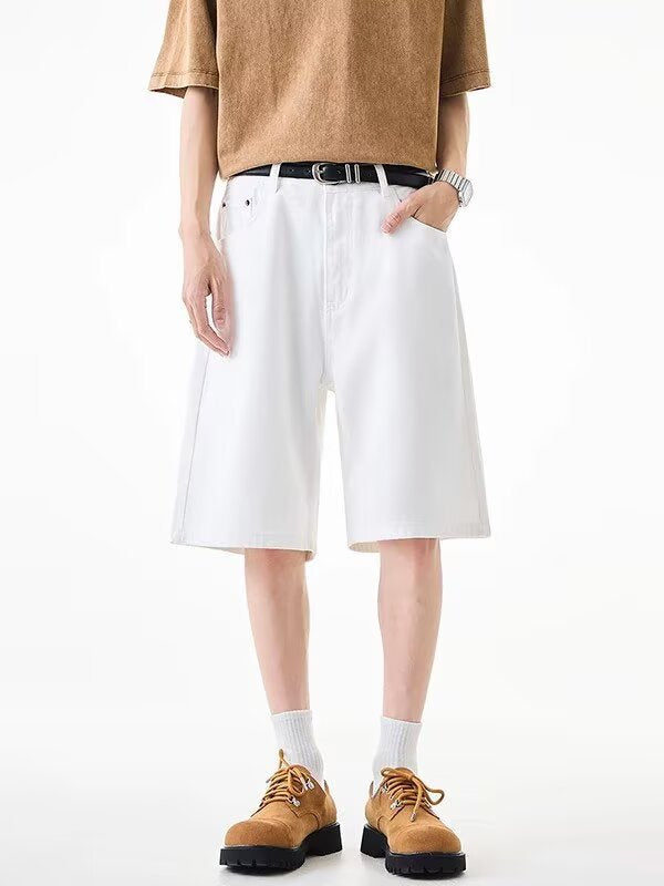 Men's White Denim Shorts Loose Fit Wide Leg Summer Casual Pants