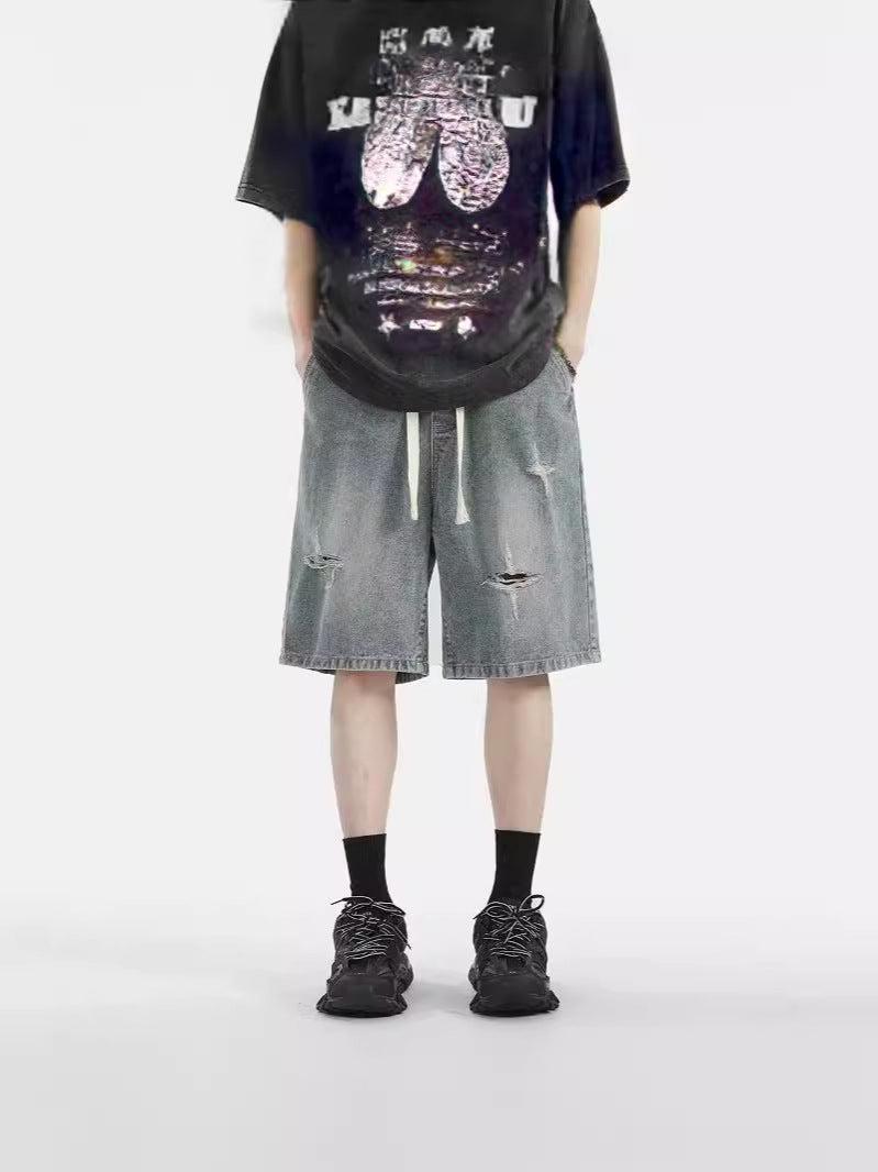 Men's Star Print Denim Shorts Loose Fit Retro Summer Pants