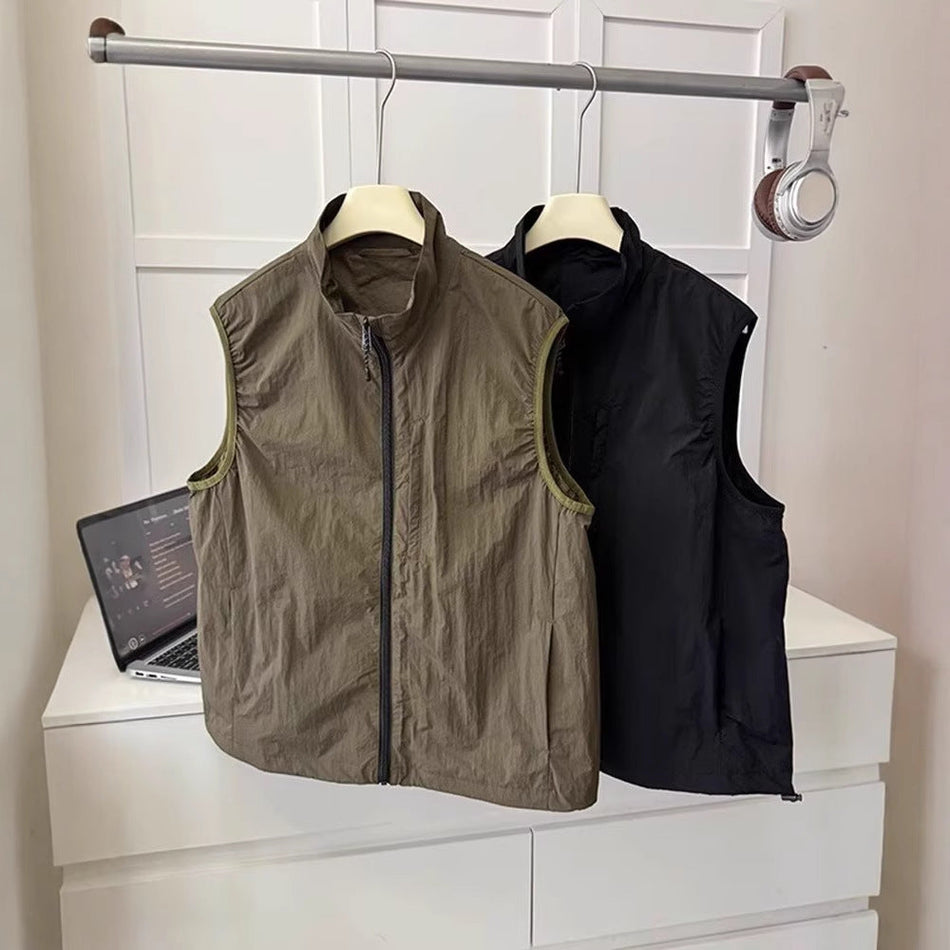 Men's Utility Work Vest Stand Collar Zip Front Outdoor Waistcoat
