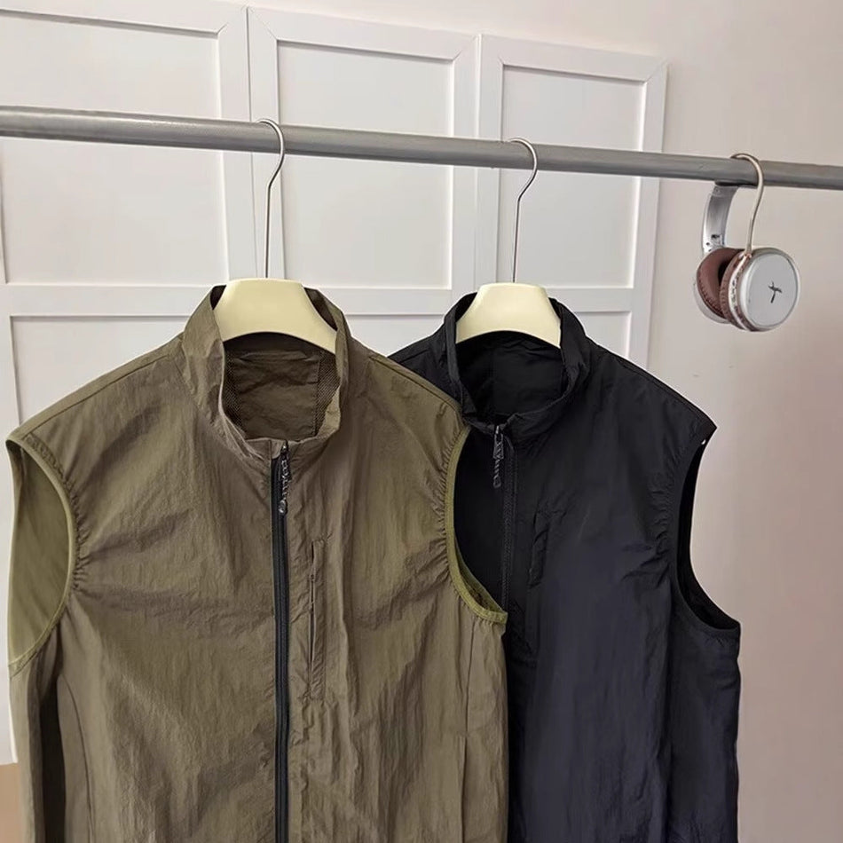 Men's Utility Work Vest Stand Collar Zip Front Outdoor Waistcoat