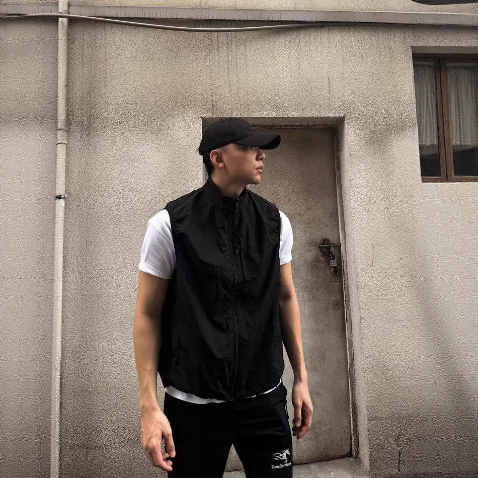 Men's Functional Utility Vest Loose Fit Zip Front Casual Jacket