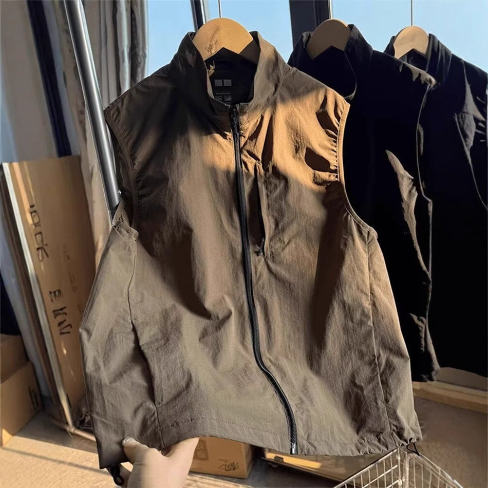 Men's Retro Utility Vest Zip Front Sleeveless Streetwear Jacket