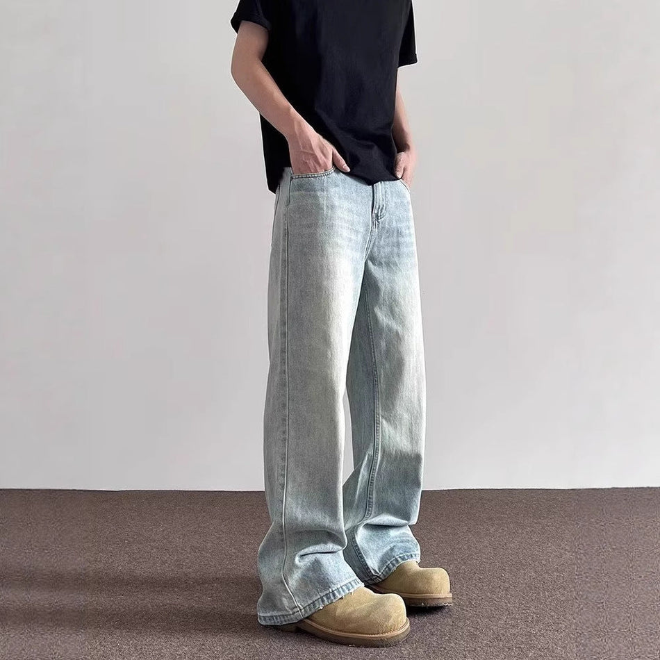 Men's Washed Wide Leg Jeans Vintage Straight Loose Denim Pants