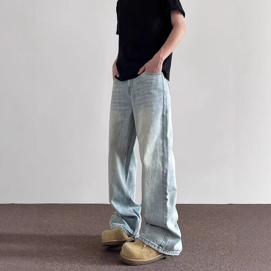 Men's Washed Wide Leg Jeans Vintage Straight Loose Denim Pants
