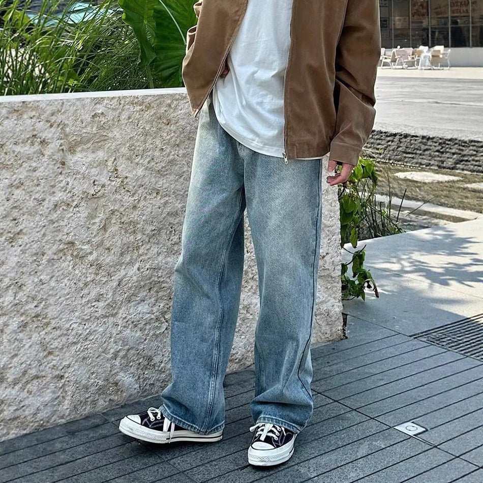 Men's Japanese Cityboy Jeans Wide Leg Straight Casual Denim Pants