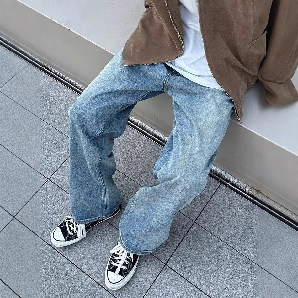 Men's Japanese Cityboy Jeans Wide Leg Straight Casual Denim Pants