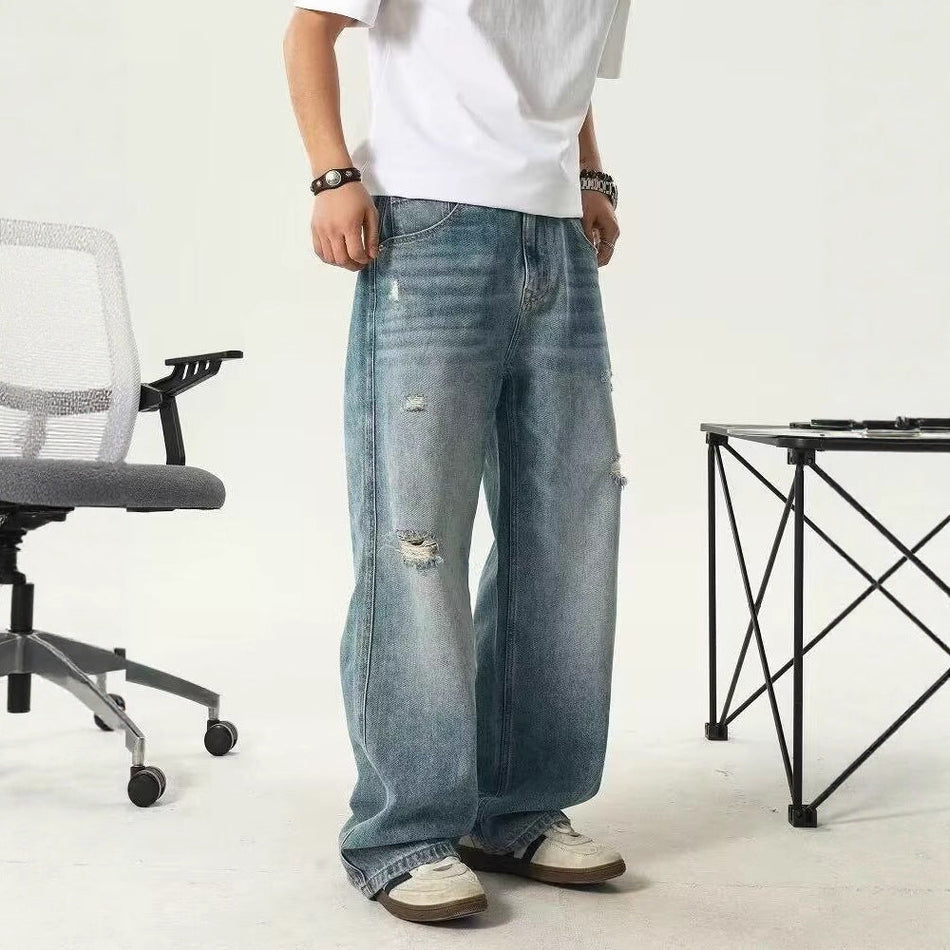 Men's Ripped Straight Jeans Loose Wide Leg Vintage Denim Pants